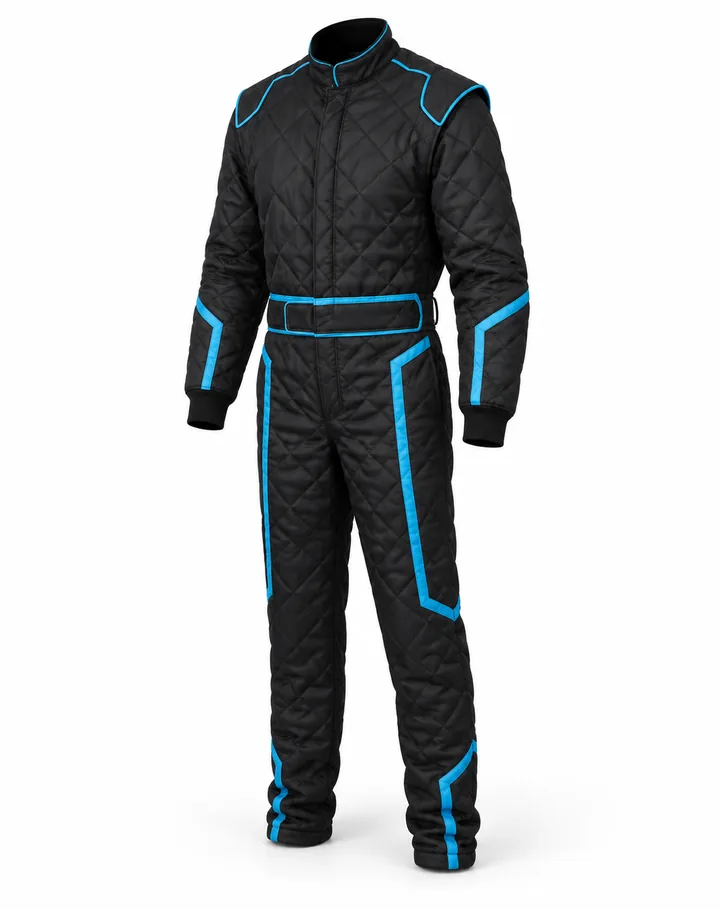 Cobra custom race suit, three-quarter front view: double-layer quilted black Nomex® with blue piping