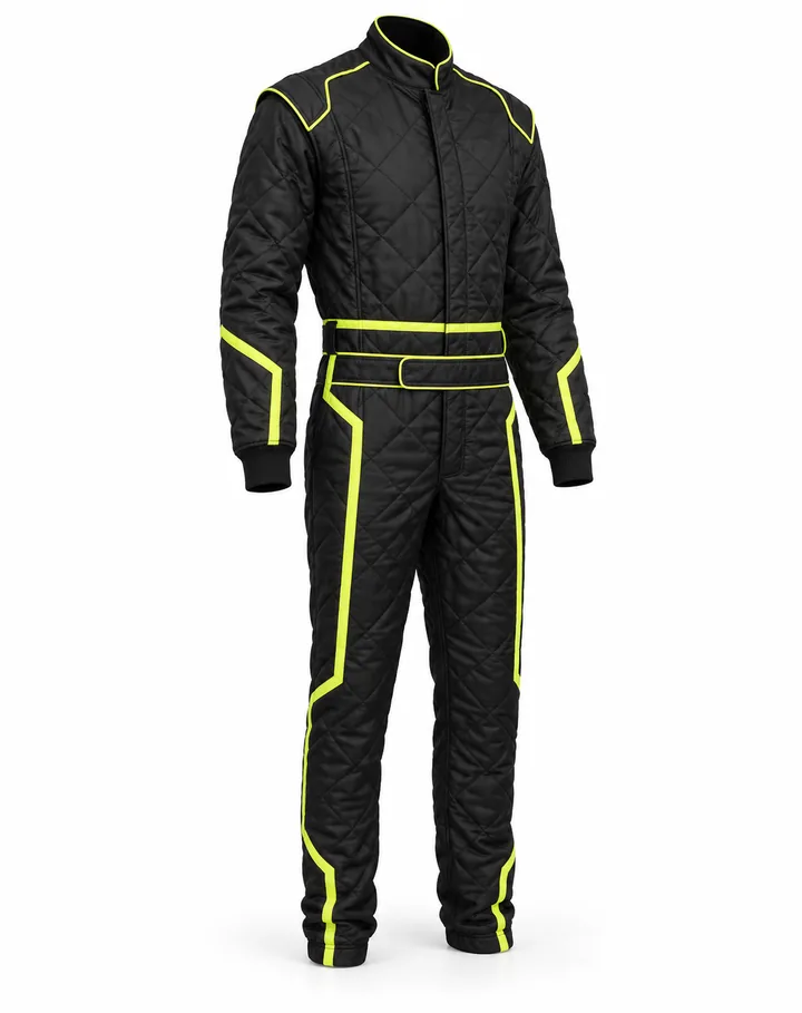 Phoenix custom race suit, three-quarter front view: double-layer quilted black Nomex® with fluorescent yellow piping