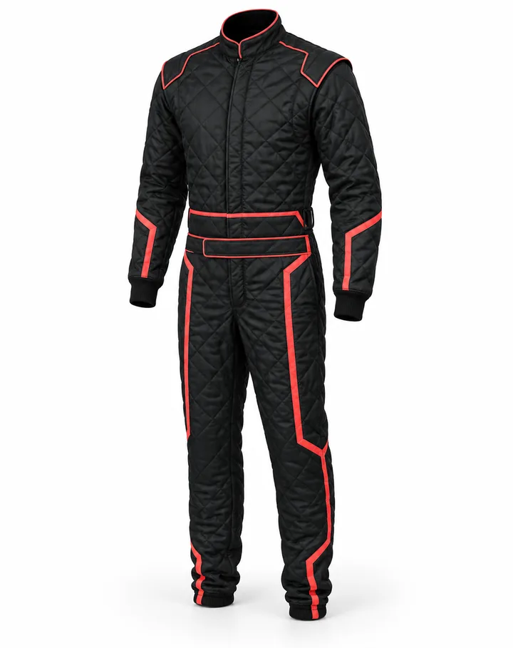 Raptor custom race suit, three-quarter front view: double-layer quilted black Nomex® with red piping