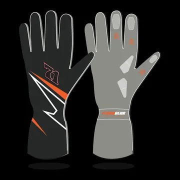 Custom racing gloves with black backs, orange and white accents and the number 71, and grey palms