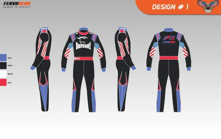 Design proof #1: black and blue suit with flag-style stripes, four views