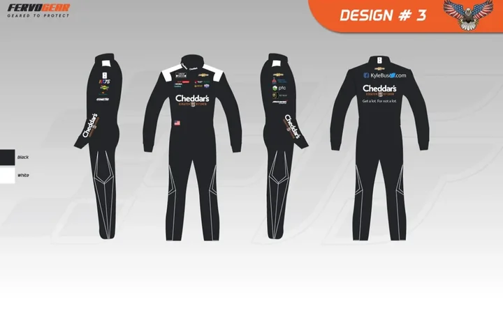 Design proof #3: black suit with white sponsor logos, four views