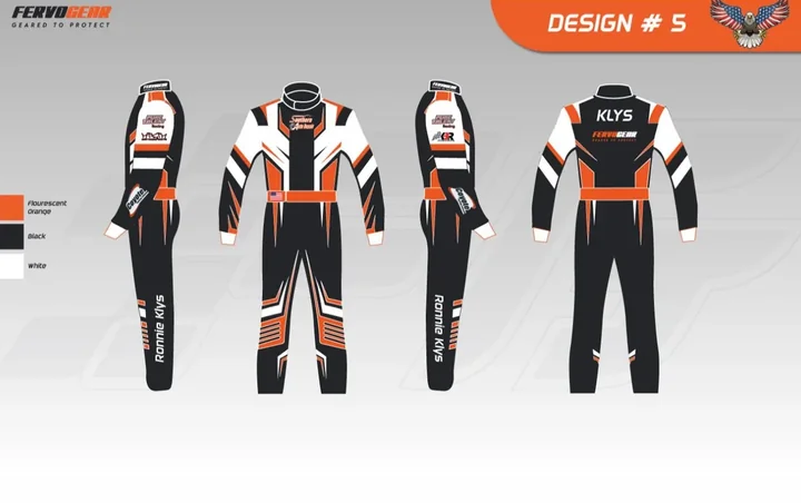 Design proof #5: black and orange suit with white piping, four views