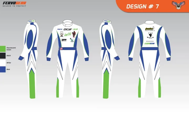 Design proof #7: white suit with blue and green panels, four views
