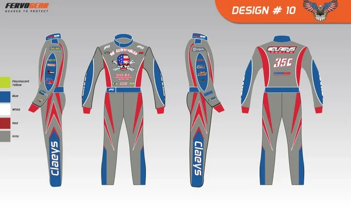 Design proof #10: grey, red and blue suit with sponsor logos, four views