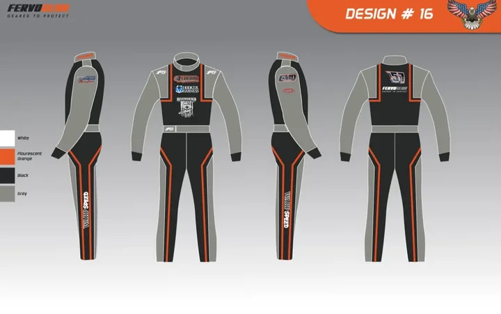 Design proof #16: grey and black suit with orange piping, four views