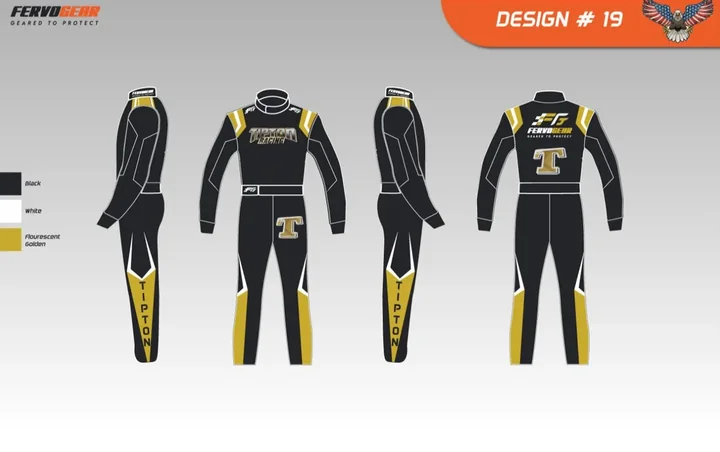 Design proof #19: black suit with gold accents, four views