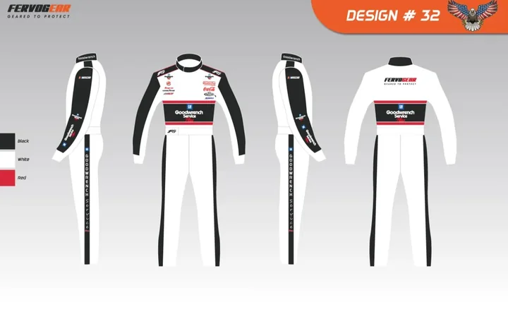 Design proof #32: white suit with red and black panels, four views