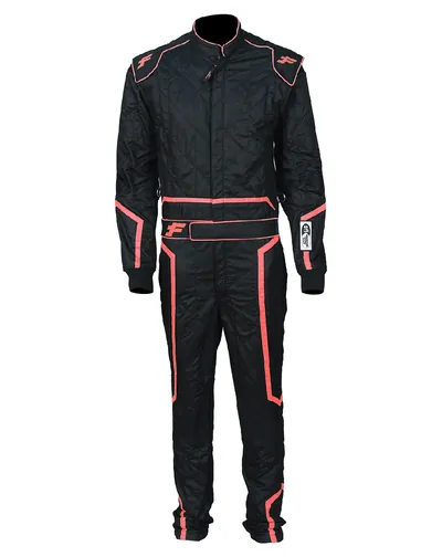 Blaze custom race suit, front view: single-layer black Nomex® with red piping