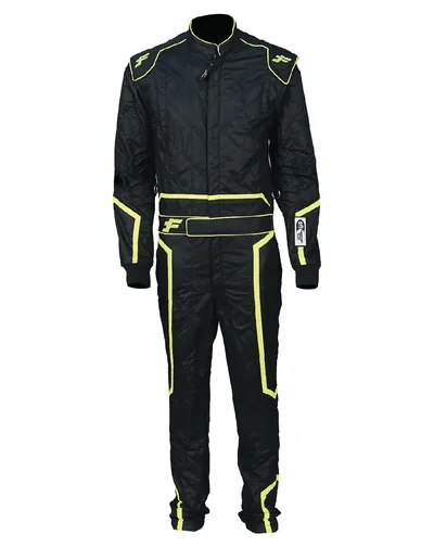 Pulse custom race suit, front view: single-layer black Nomex® with fluorescent yellow piping