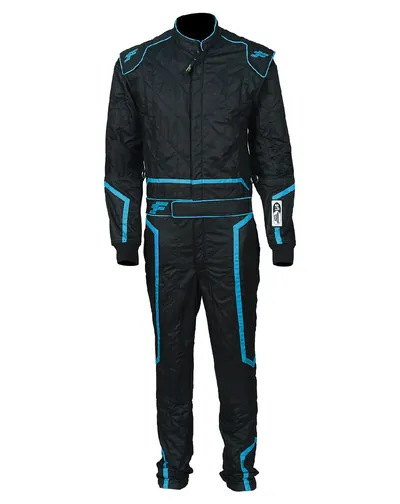 Thunder custom race suit, front view: single-layer black Nomex® with blue piping