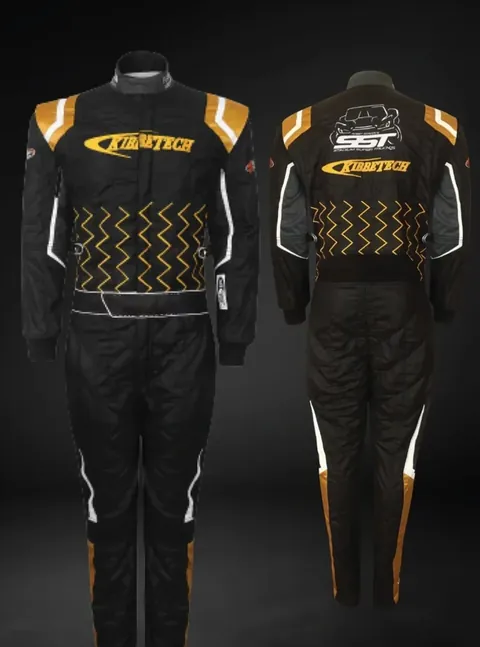 Finished black and gold suit, front and back