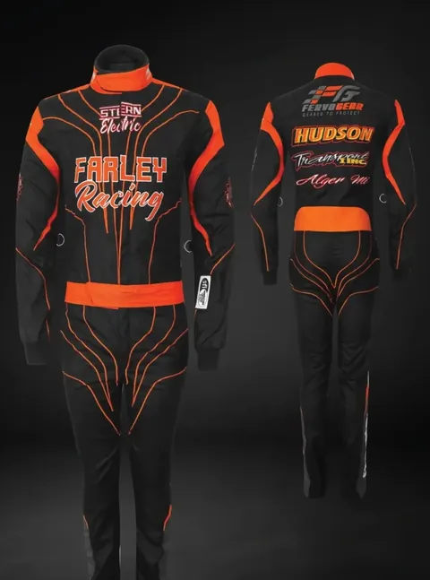 Finished black and orange suit, front and back