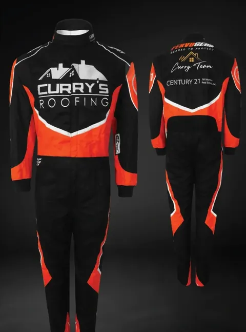Finished black and orange suit with white trim, front and back