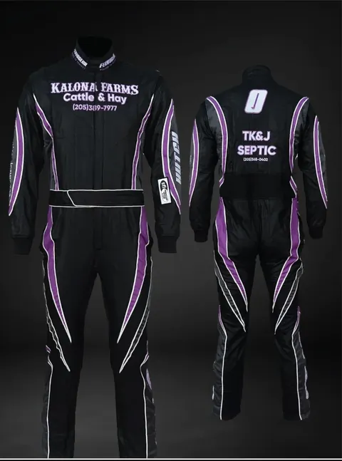 Finished black and purple suit with white trim, front and back