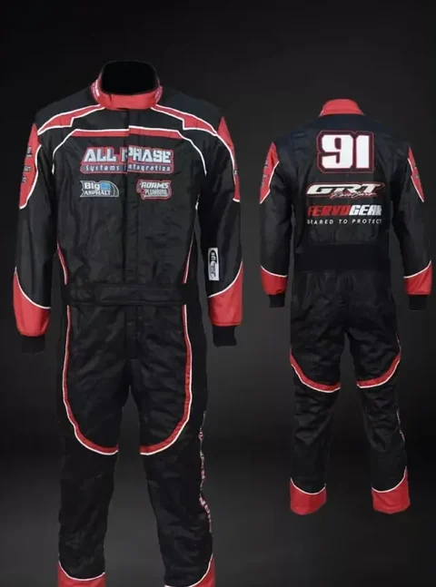Finished black suit with red and white trim, front and back