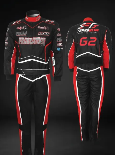Finished black and red suit with white trim, front and back