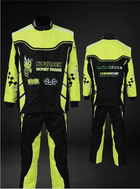 Finished black and fluorescent yellow suit, front and back