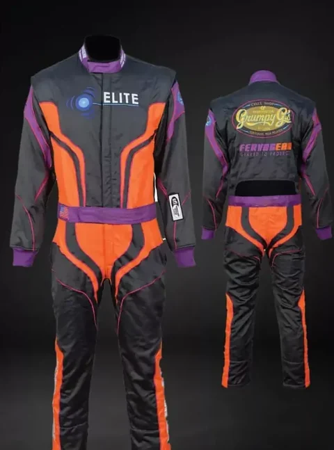 Finished orange, purple and black suit, front and back