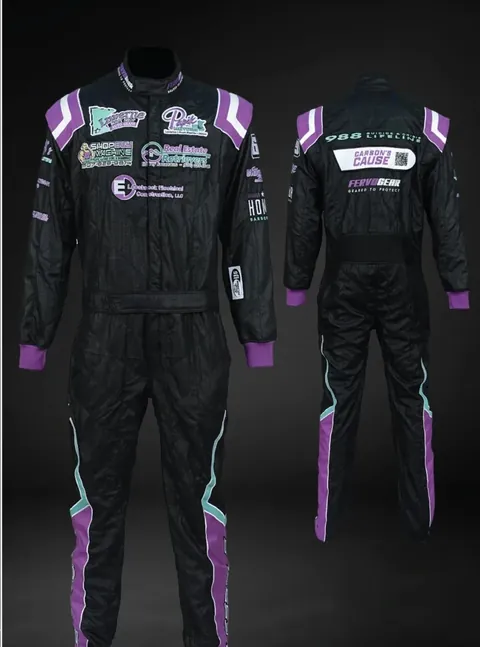 Finished black, purple and teal suit, front and back