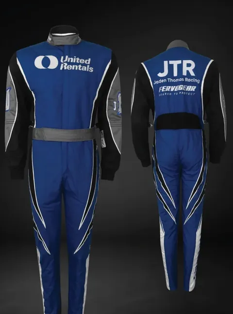 Finished blue and black suit with white trim, front and back