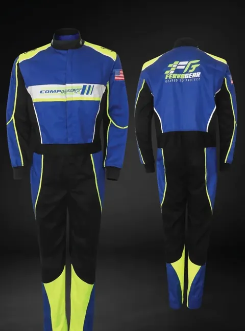 Finished blue, black and yellow suit, front and back