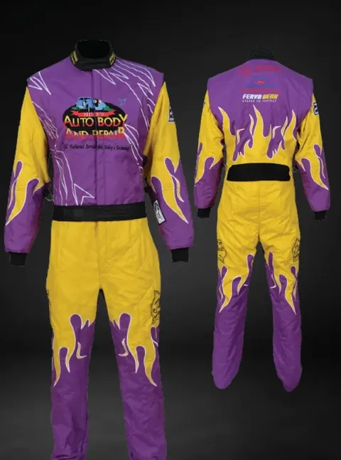 Finished purple and yellow suit with flames, front and back