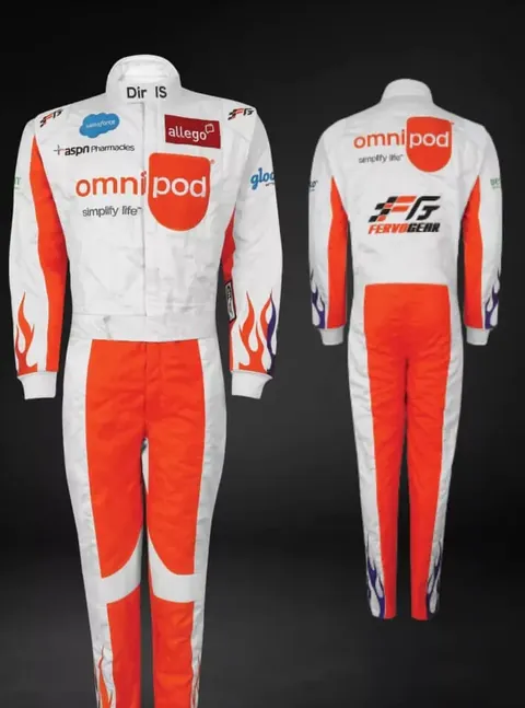 Finished white and orange suit with flames, front and back