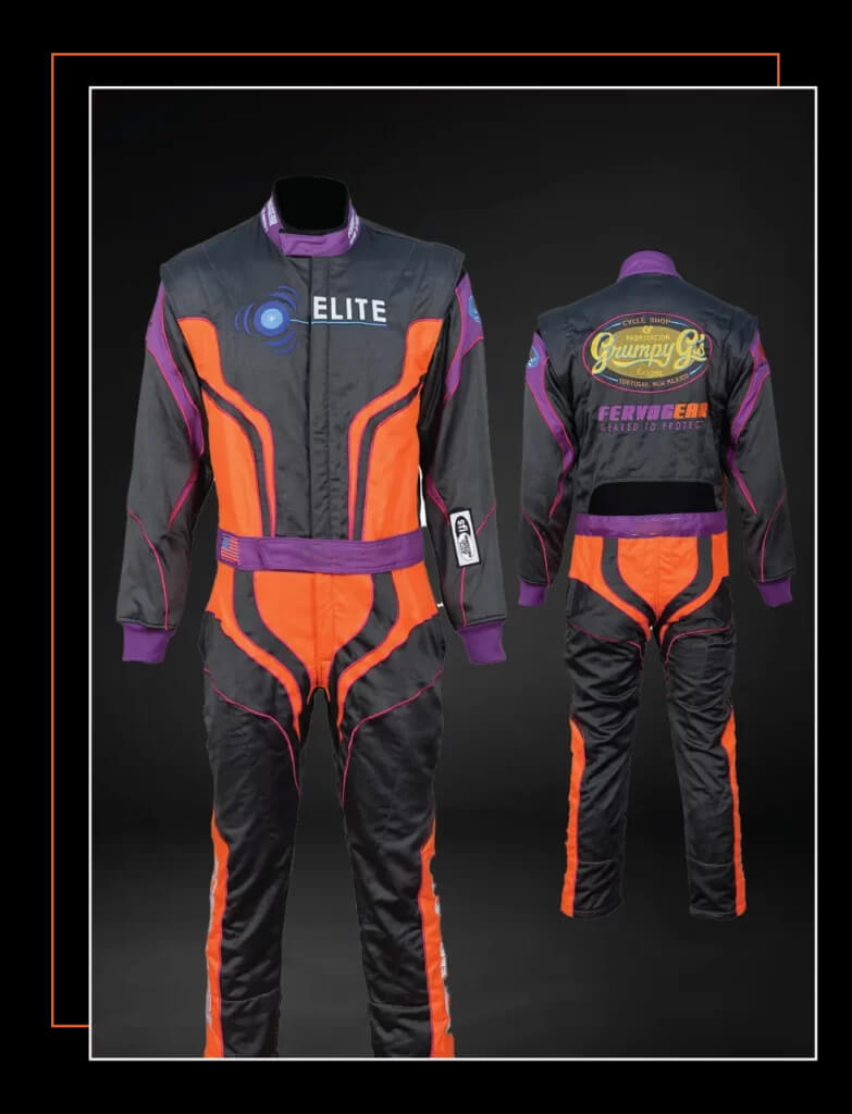 Sewn-in SFI 3.2A/5 tag on a genuine Nomex custom FervoGear fire suit