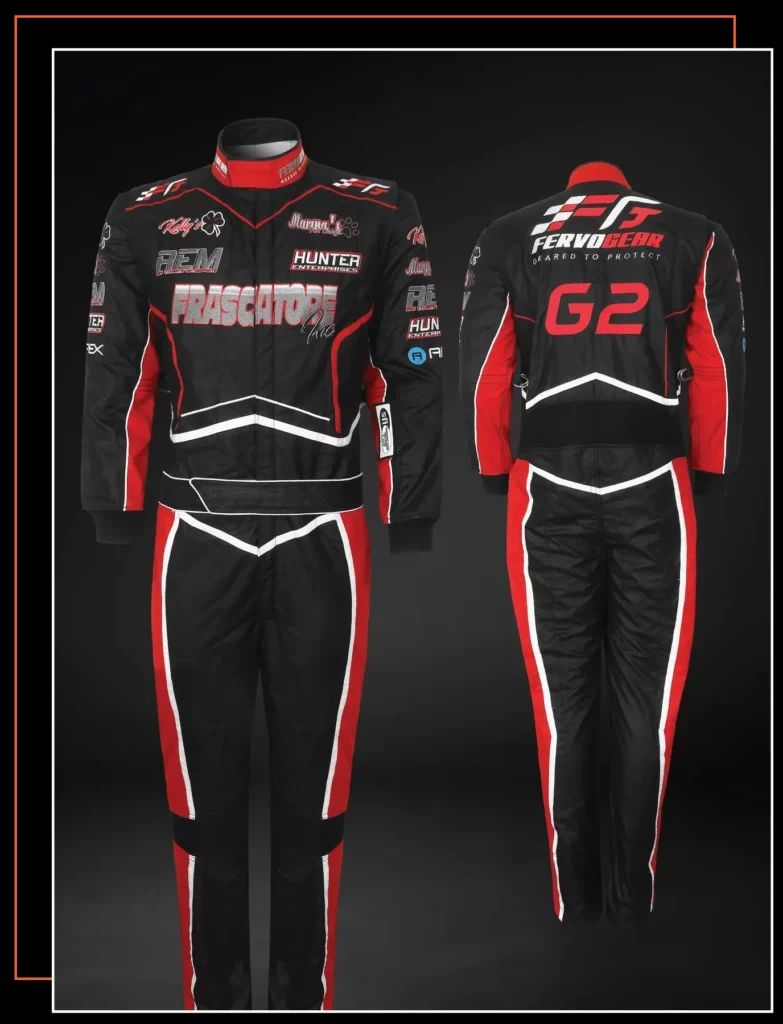 Black and red matching custom team race suit — drag to rotate and inspect