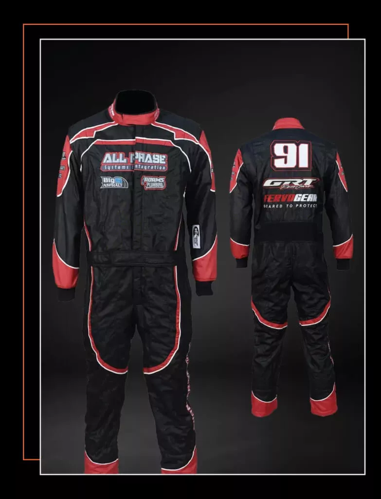 Black and red custom SFI-5 double-layer Nomex race suit, built to measure