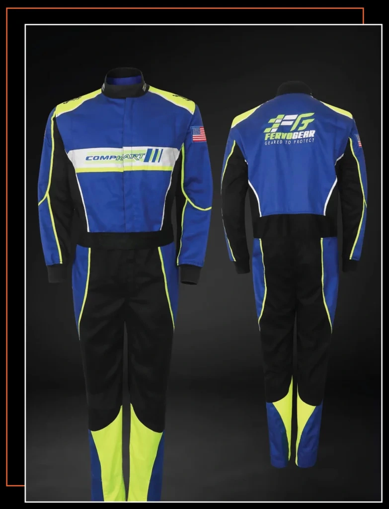Finished custom-built SFI-5 race suit — FervoGear design 16, hand-stitched to the driver's measurements