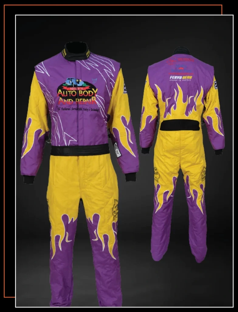 Finished custom-built SFI-5 race suit — FervoGear design 13, hand-stitched to the driver's measurements