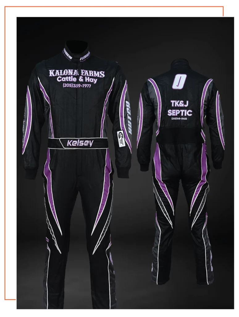 Finished custom-built SFI-5 race suit — FervoGear design 6, hand-stitched to the driver's measurements