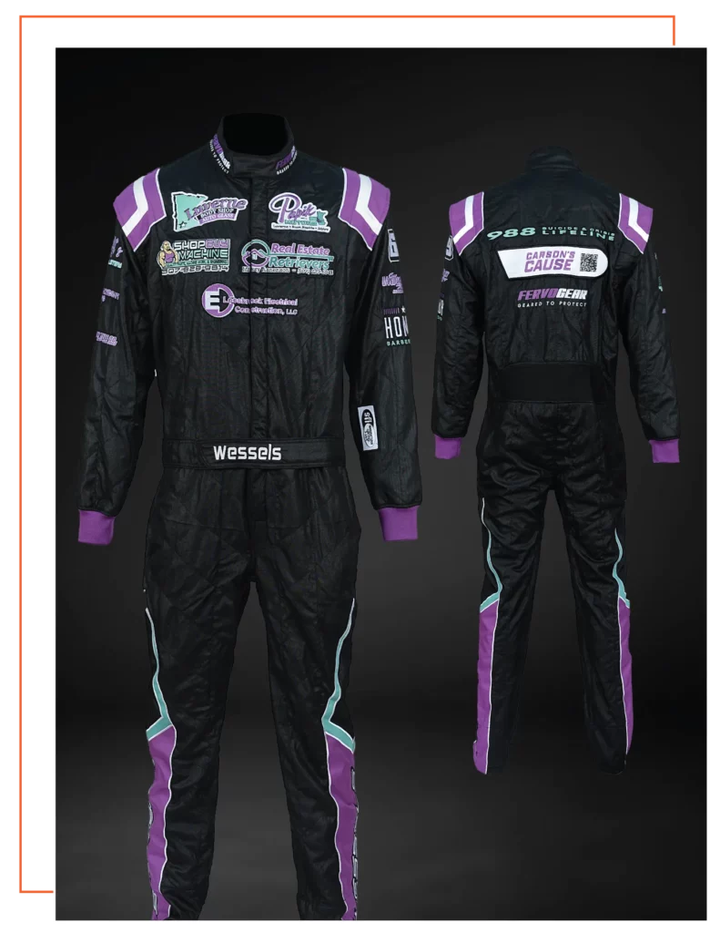 Finished custom-built SFI-5 race suit — FervoGear design 7, hand-stitched to the driver's measurements