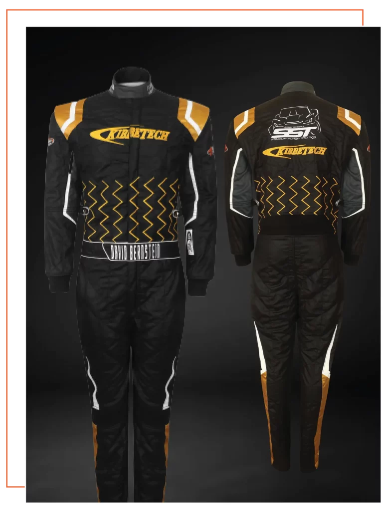 Finished custom-built SFI-5 race suit — FervoGear design 1, hand-stitched to the driver's measurements