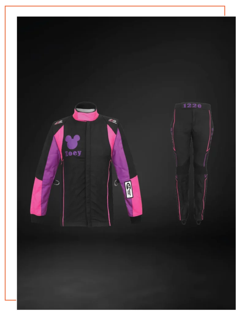Finished custom-built SFI-5 race suit — FervoGear design 4, hand-stitched to the driver's measurements