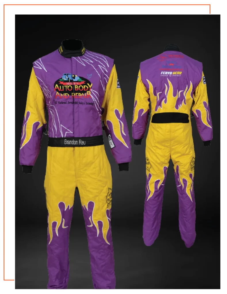 Finished custom-built SFI-5 race suit — FervoGear design 9, hand-stitched to the driver's measurements