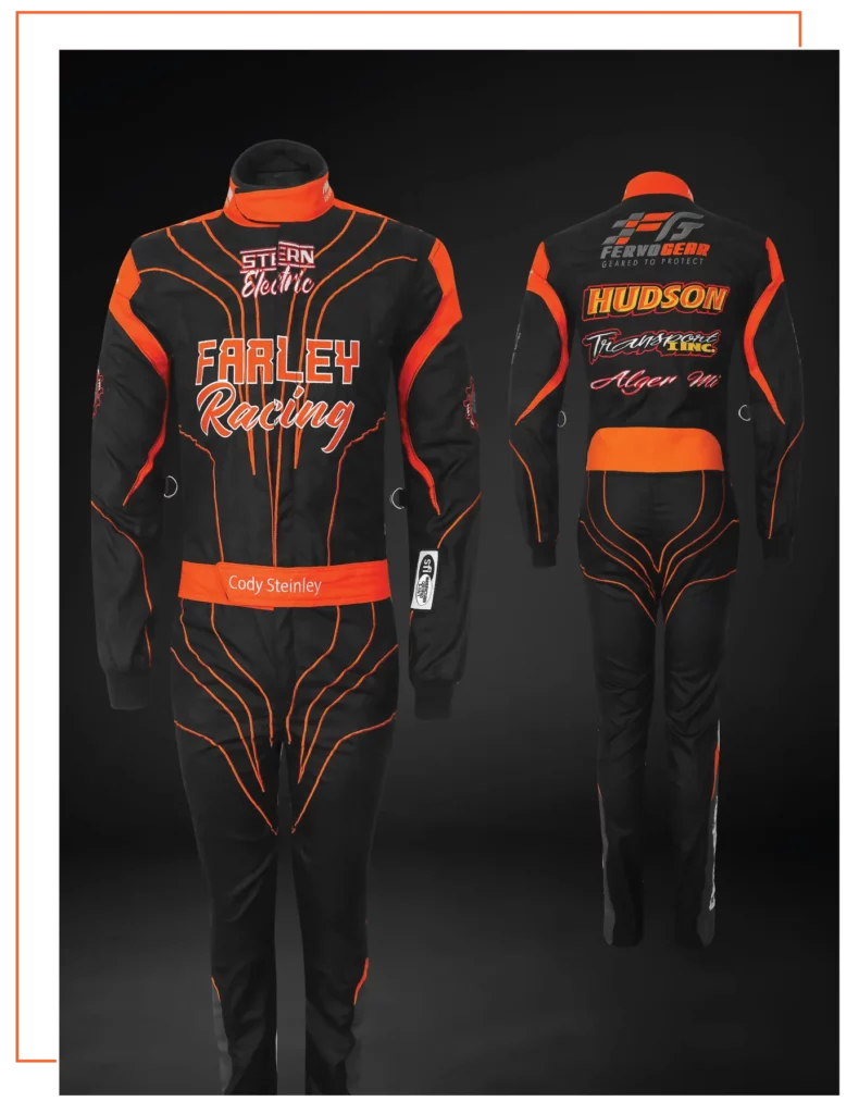 Finished custom-built SFI-5 race suit — FervoGear design 3, hand-stitched to the driver's measurements
