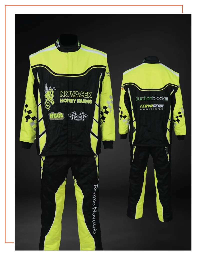 Finished custom-built SFI-5 race suit — FervoGear design 10, hand-stitched to the driver's measurements
