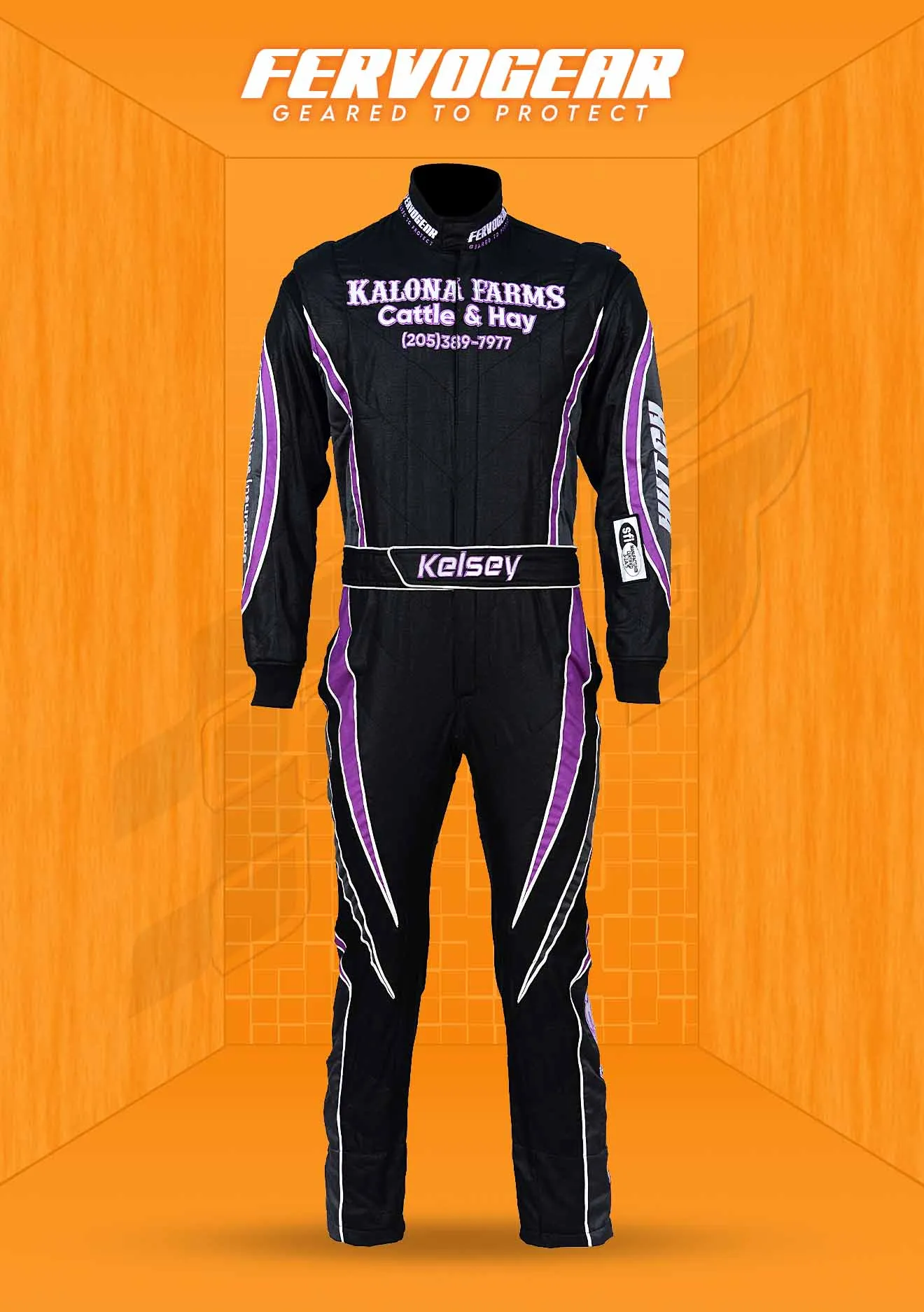 Custom single-layer SFI 3.2A/1 race suit build 5, front and back