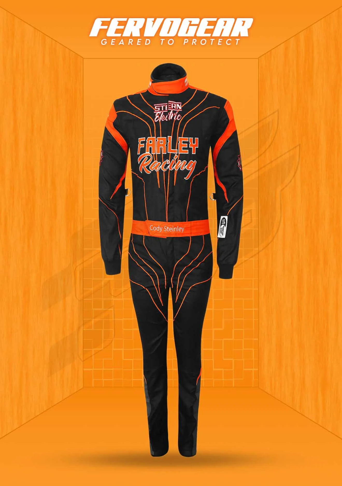 Custom single-layer SFI 3.2A/1 race suit build 6, front and back