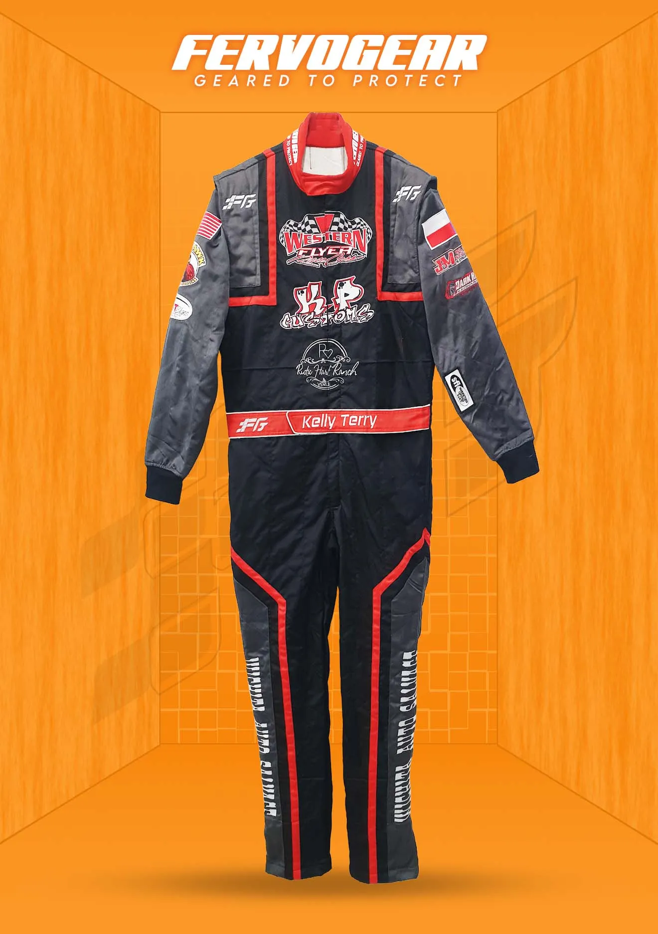 Custom race suit construction and detail