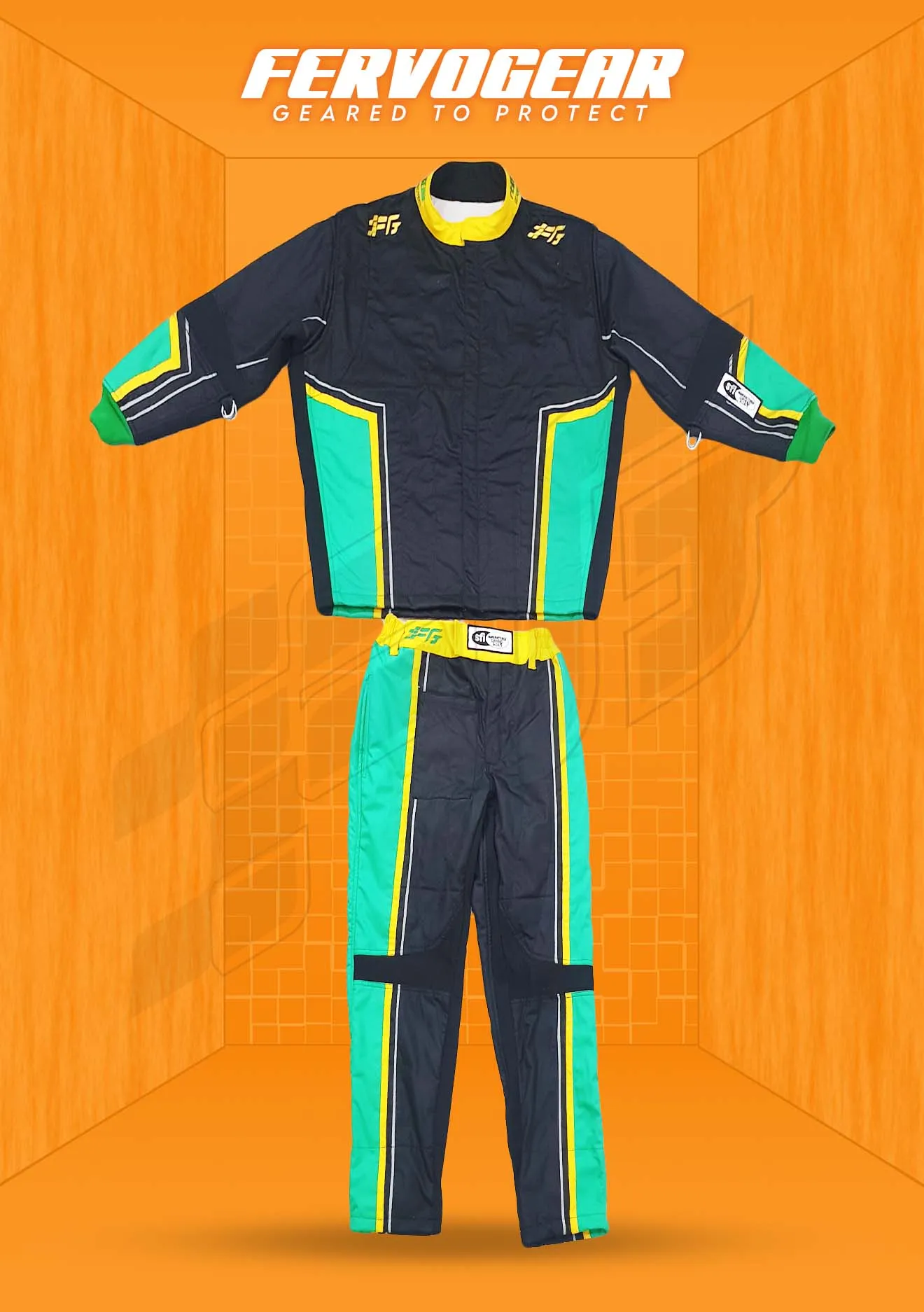 Custom SFI 3.2A/5 dirt-track race suit build 5, front and back