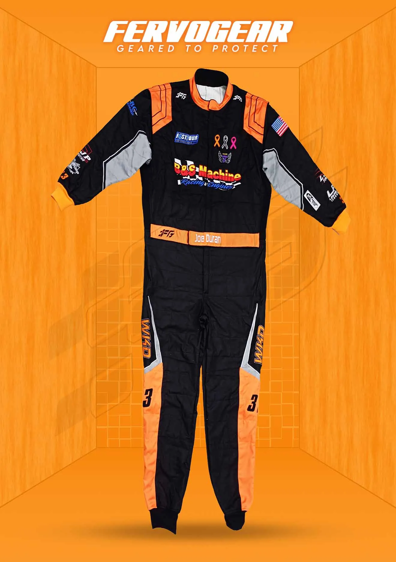 Finished custom FervoGear race suit built from an approved free photo-real mockup, full-body view
