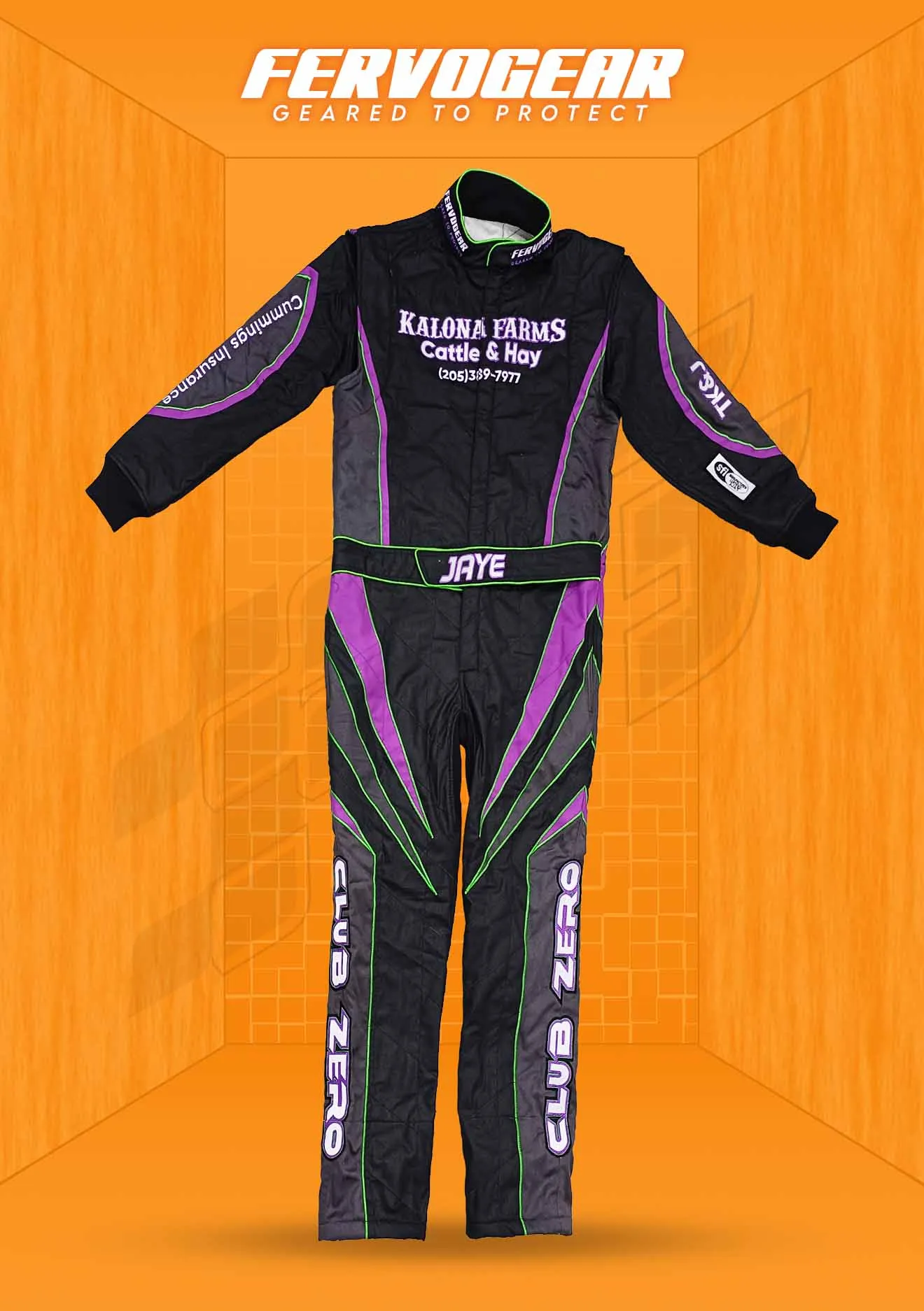 Custom SFI 3.2A/5 dirt-track race suit build 6, front and back