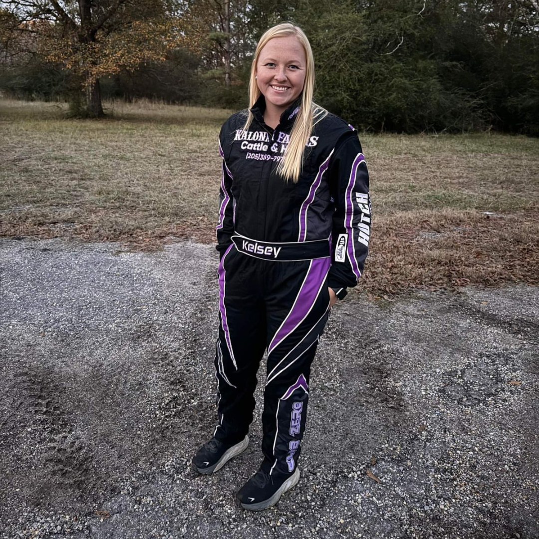 Kelsey wearing a custom FervoGear race suit