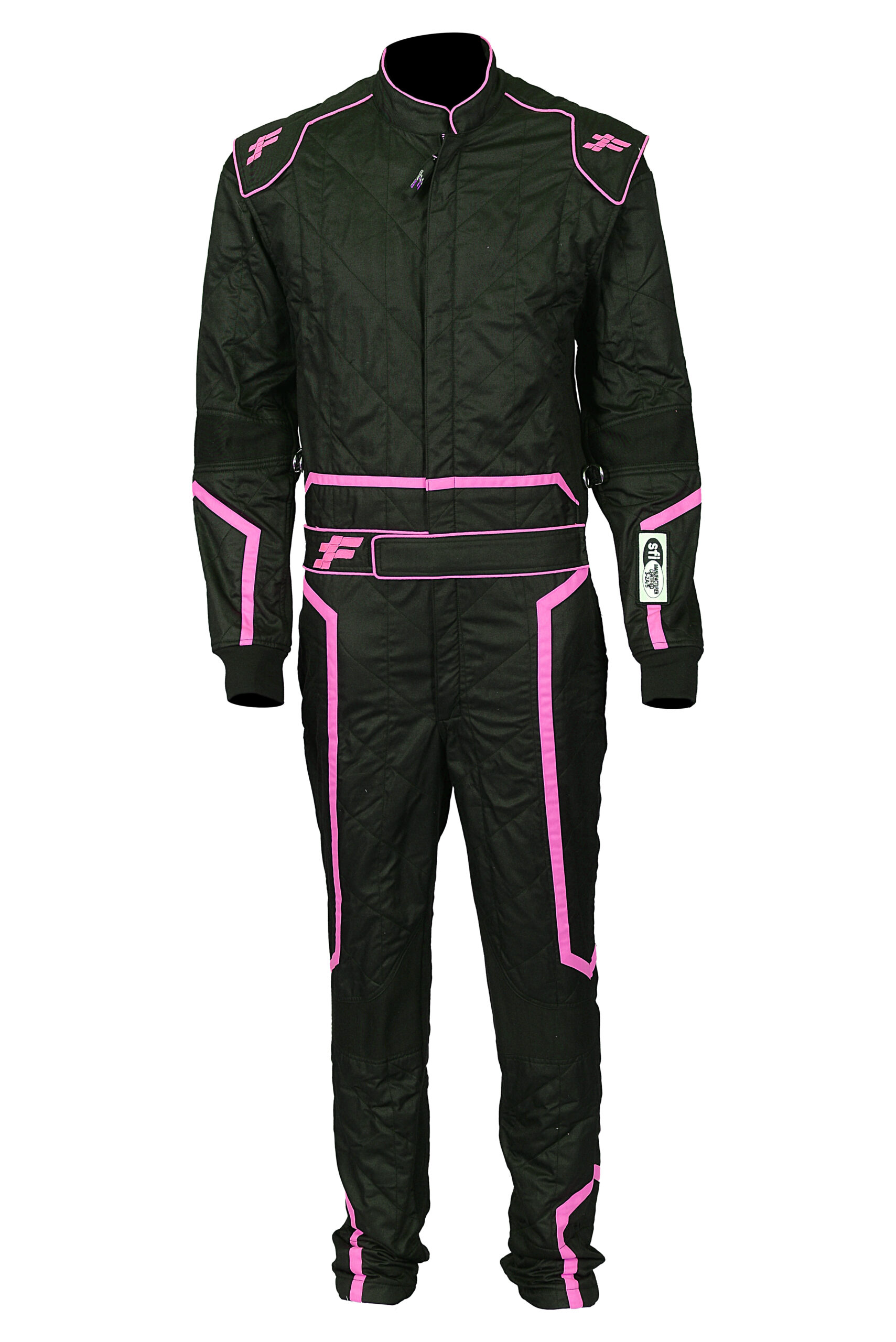 Front view of an extended-size custom FervoGear race suit cut to a driver’s submitted measurement form