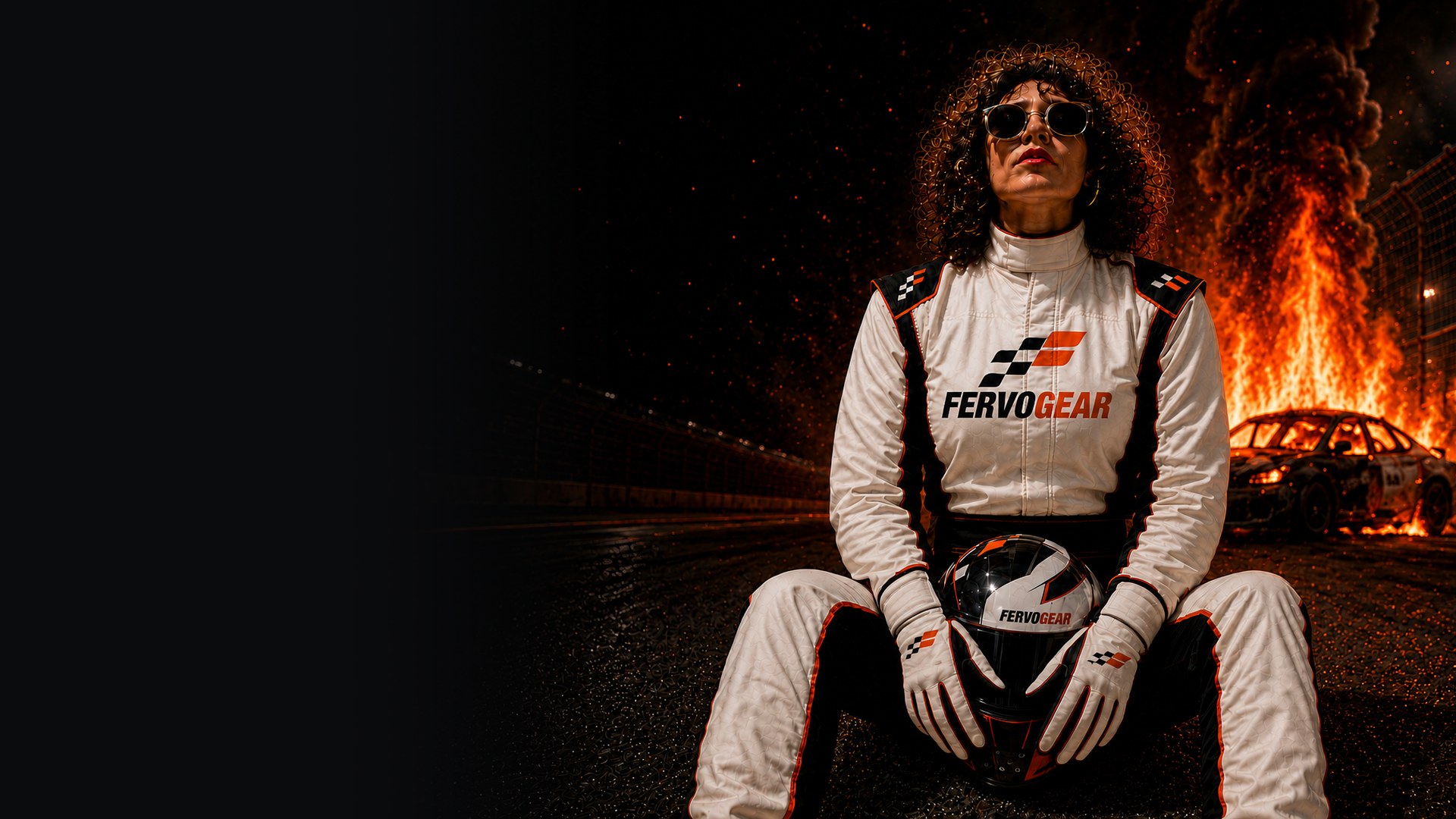 Driver in a custom SFI-certified FervoGear race suit on a night track with a burning car behind — built to save lives